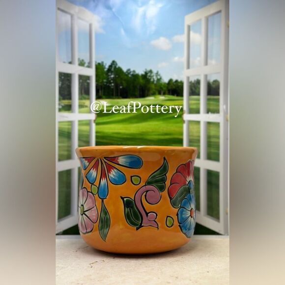 Vibrant Mexican Floral Art Barrel Planter | Hand-Painted Ceramic Clay Pot - Picture 3 of 10